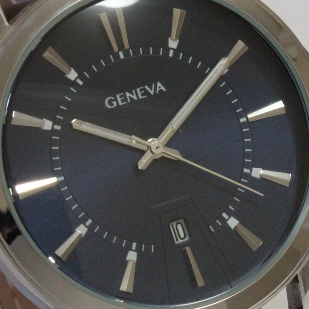 Geneva Men's Dress Watch Silver Tone Navy Blue Dial Brown Strap 42mm - Picture 12 of 13